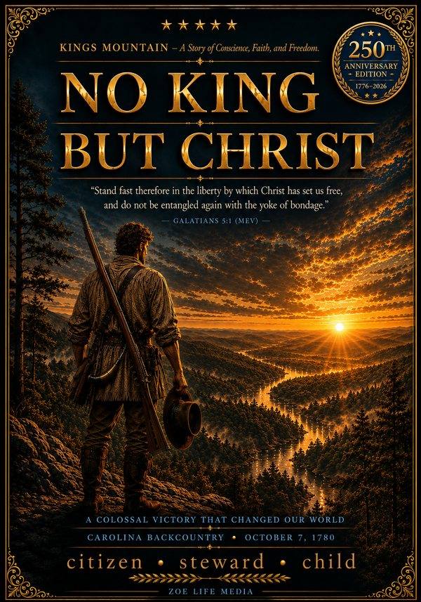 No King but Christ — book cover: gold title over a Carolina backcountry sunset with a frontiersman overlooking the valley.