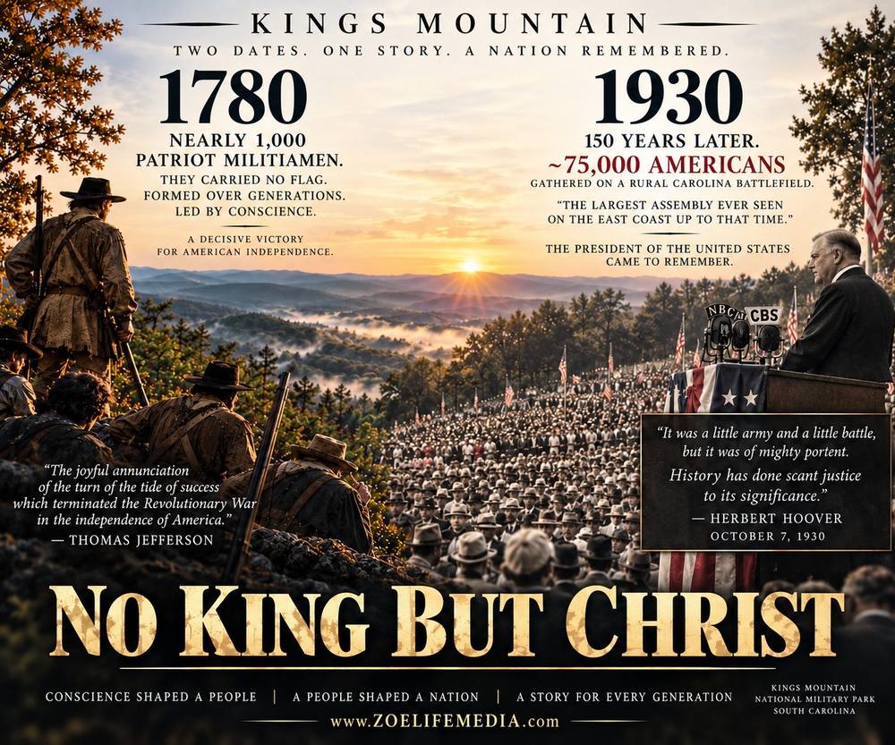 Kings Mountain: two dates, one story. 1780 — nearly 1,000 Patriot militiamen. 1930 — roughly 75,000 Americans gathered to remember, with Herbert Hoover in attendance.