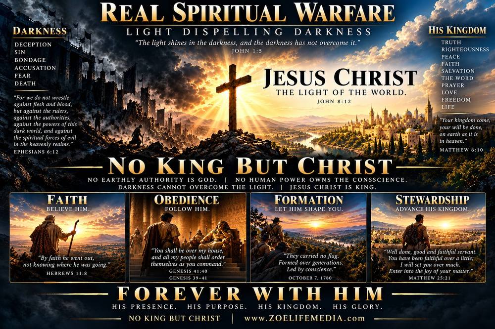 Real spiritual warfare — light dispelling darkness. Faith, obedience, formation, stewardship — forever with Him.